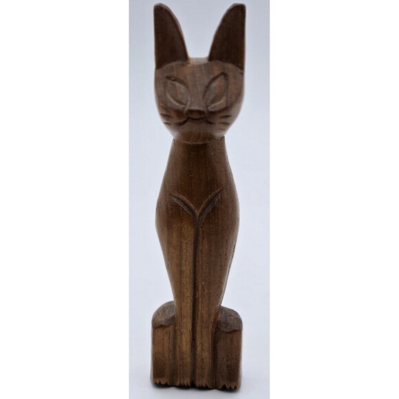 Vintage Mid Century Modern Hand Carved Teak Wood Siamese Cat Sculpture - Picture 1 of 9